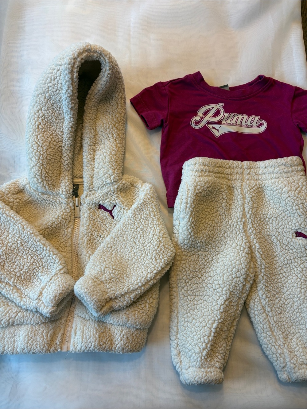 Puma Cream Sherpa Hoodie, Pants & Magenta Logo Tee